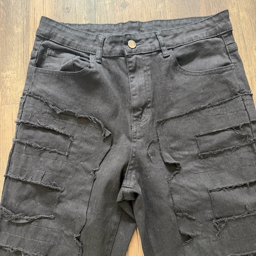 Women’s Black Denim Stacked Jeans Black Distressed Straight Leg Mid Rise Y2K M - Picture 12 of 17
